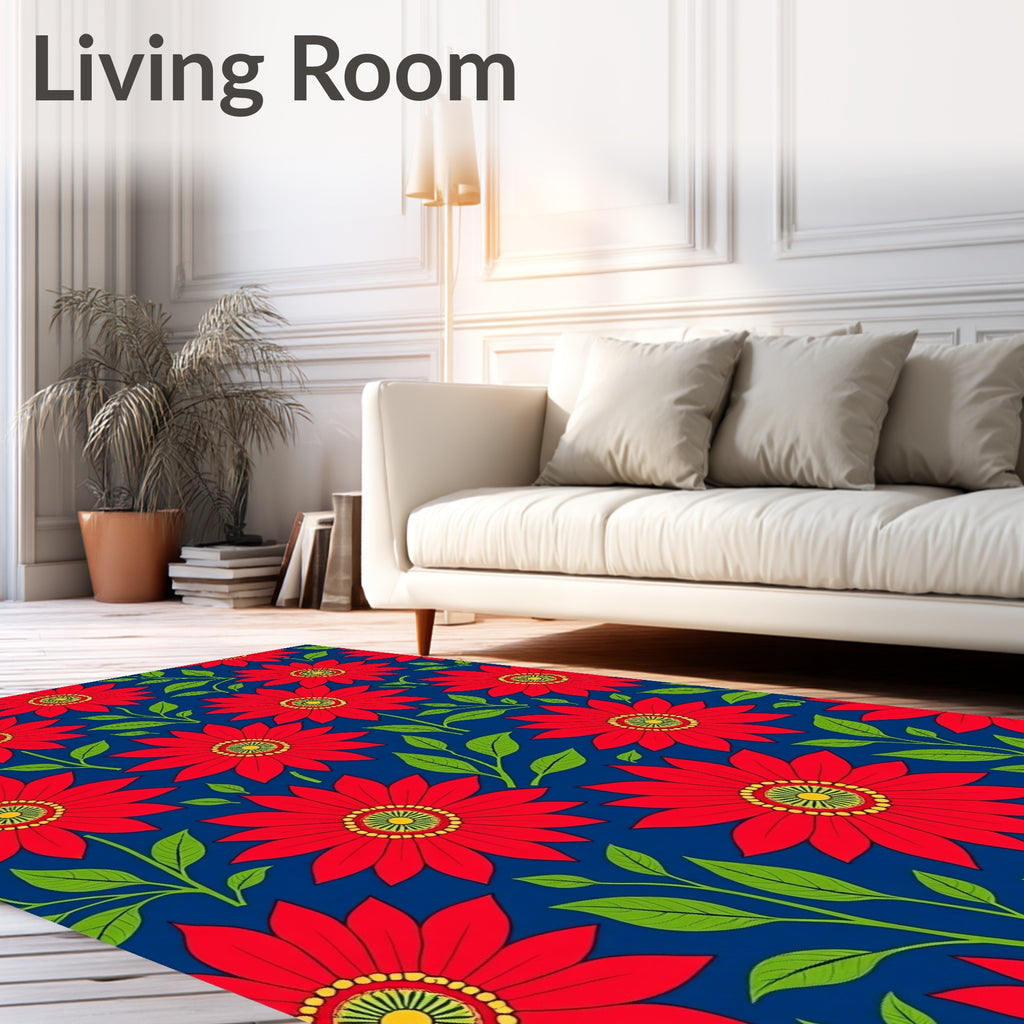 Vibrant Red Daisy Floral Navy Rug