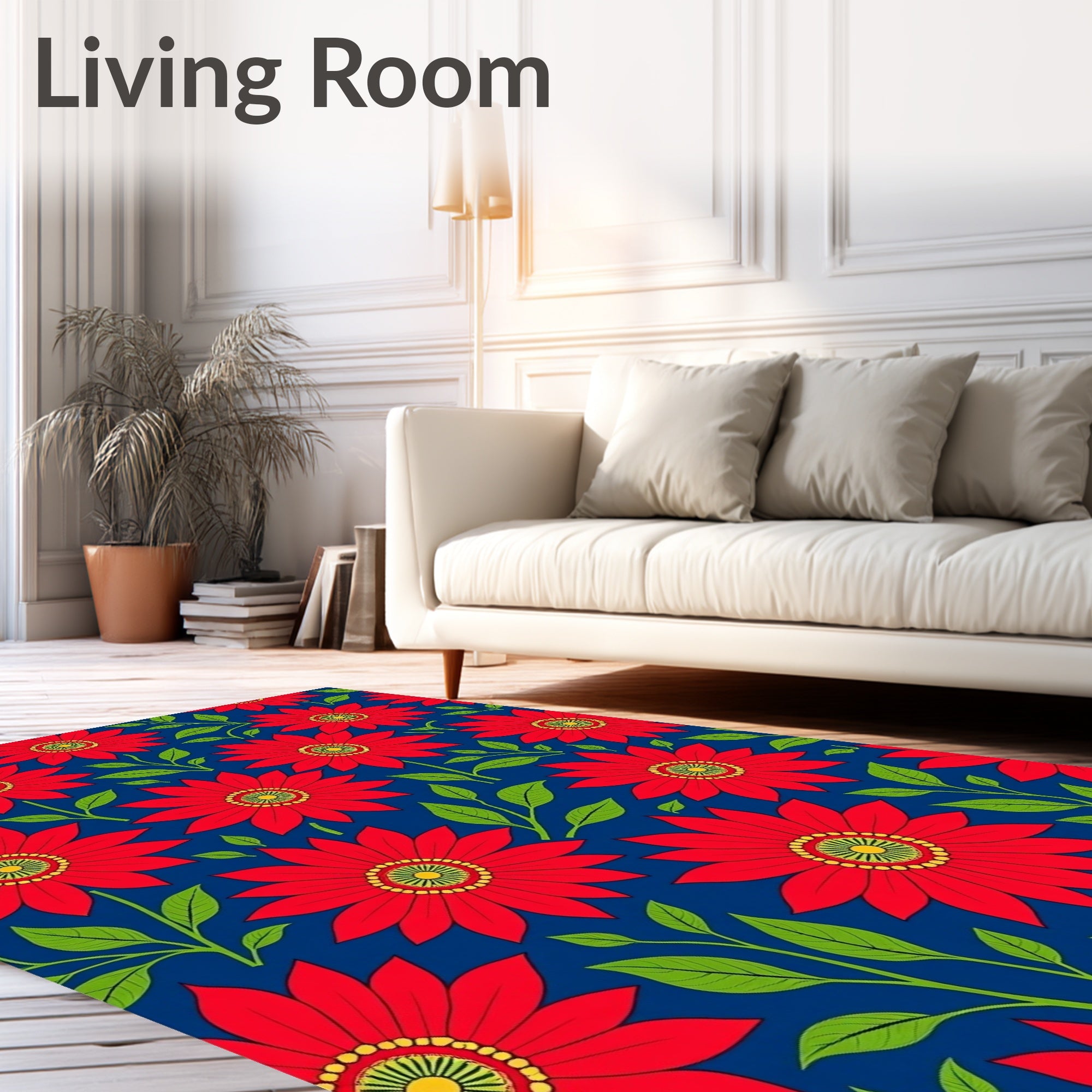 Vibrant Red Daisy Floral Navy Rug
