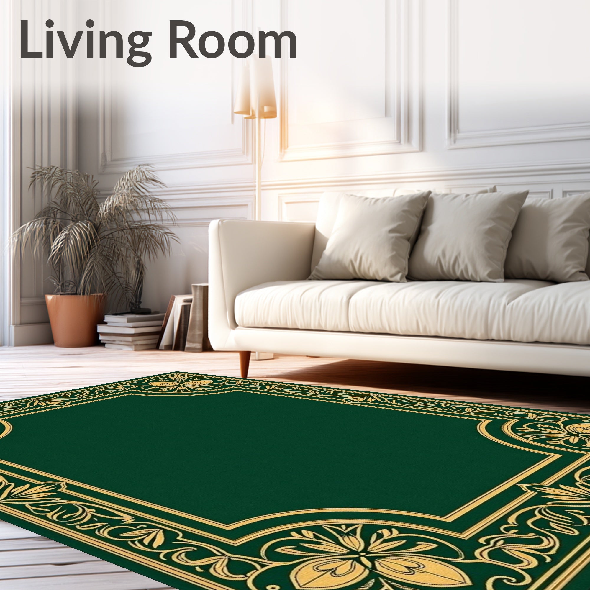 Elegant Emerald Gold Floral Border Rug