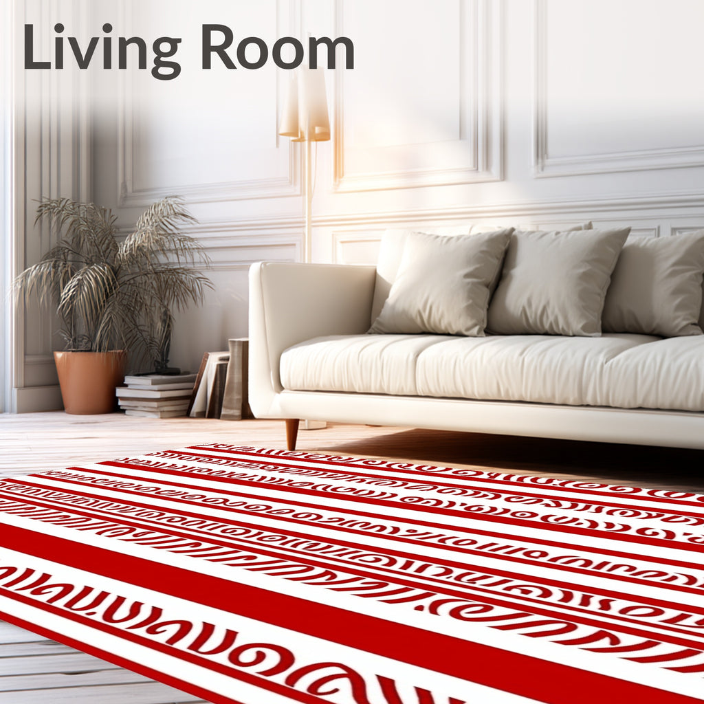 Red White Scroll Stripe Rug