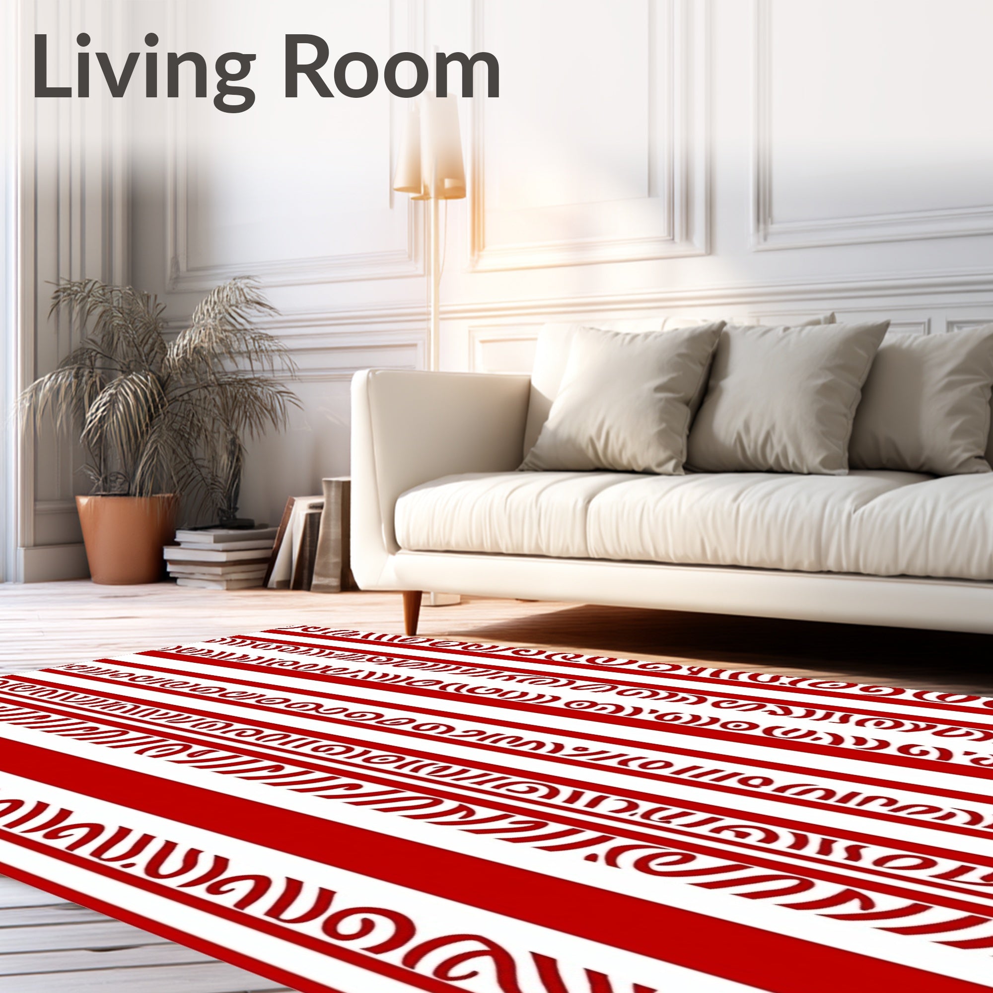 Red White Scroll Stripe Rug