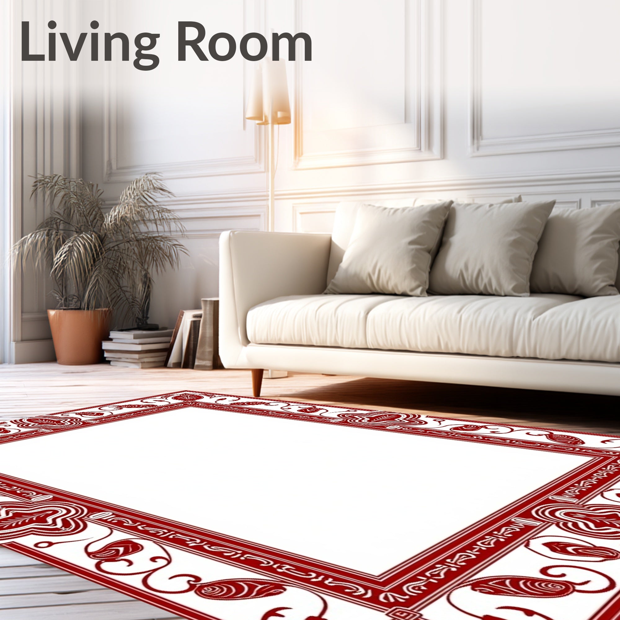 Crimson Red Floral Leaf Border Rug