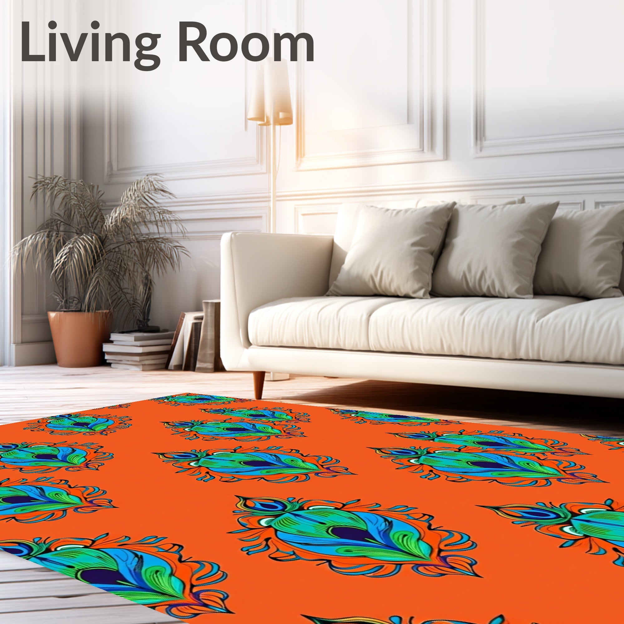 Vibrant Orange Peacock Feather Medallions Rug