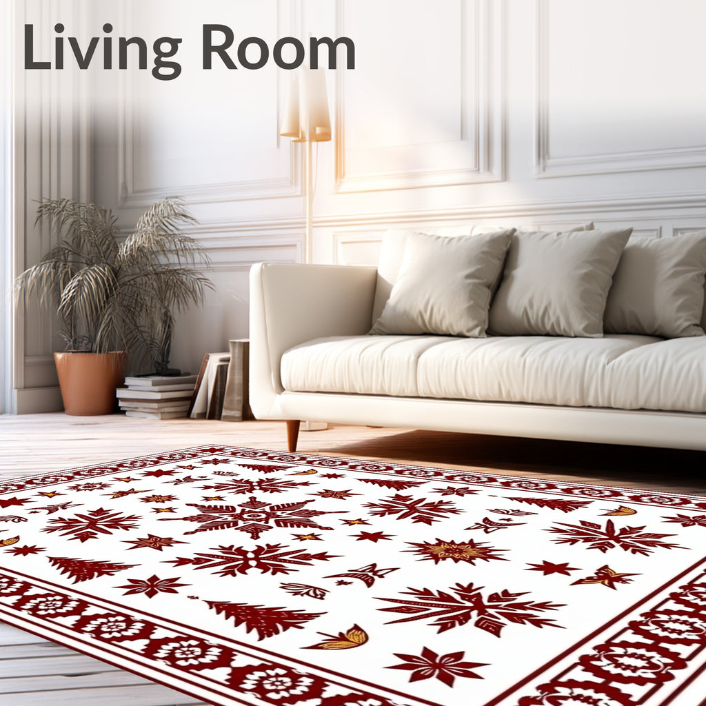 Crimson Starburst Snowflake Christmas Trees Rug