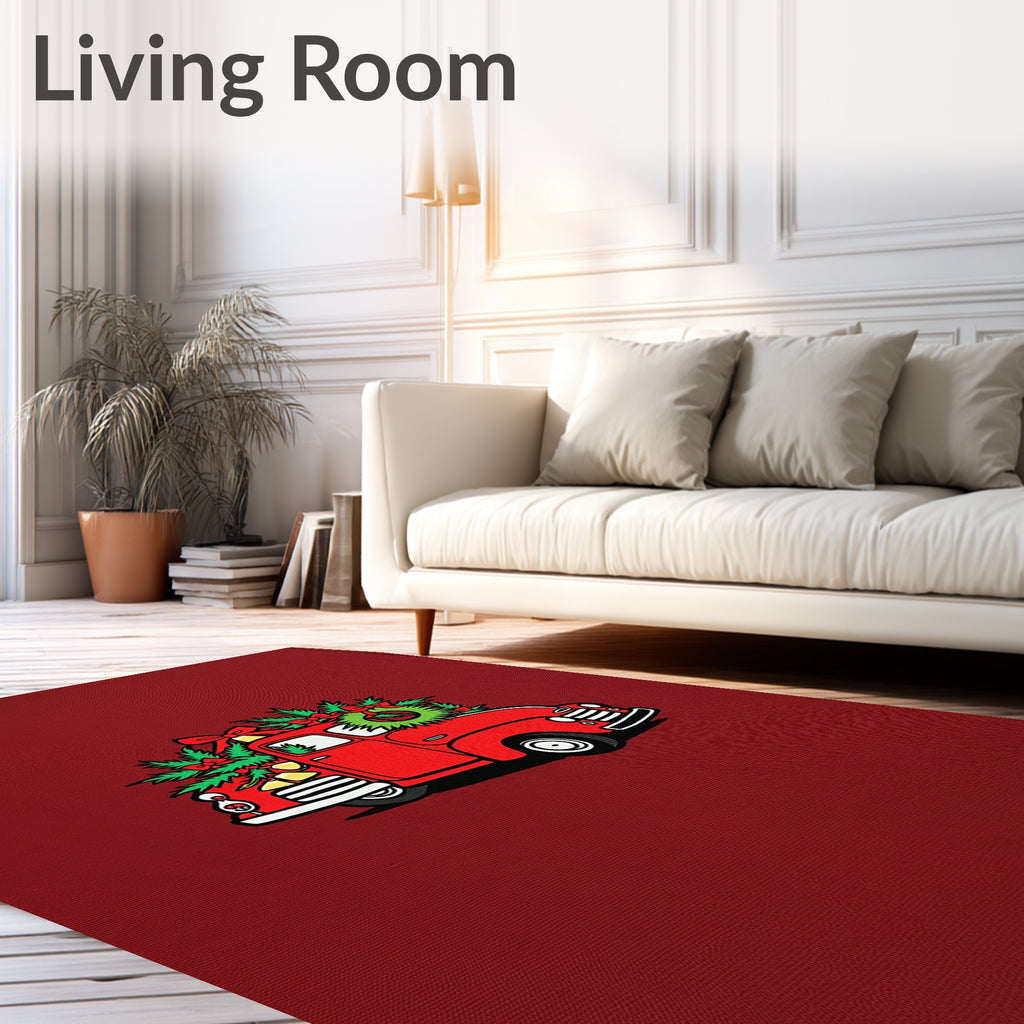 Festive Red Christmas Truck Wreath Accents Rug
