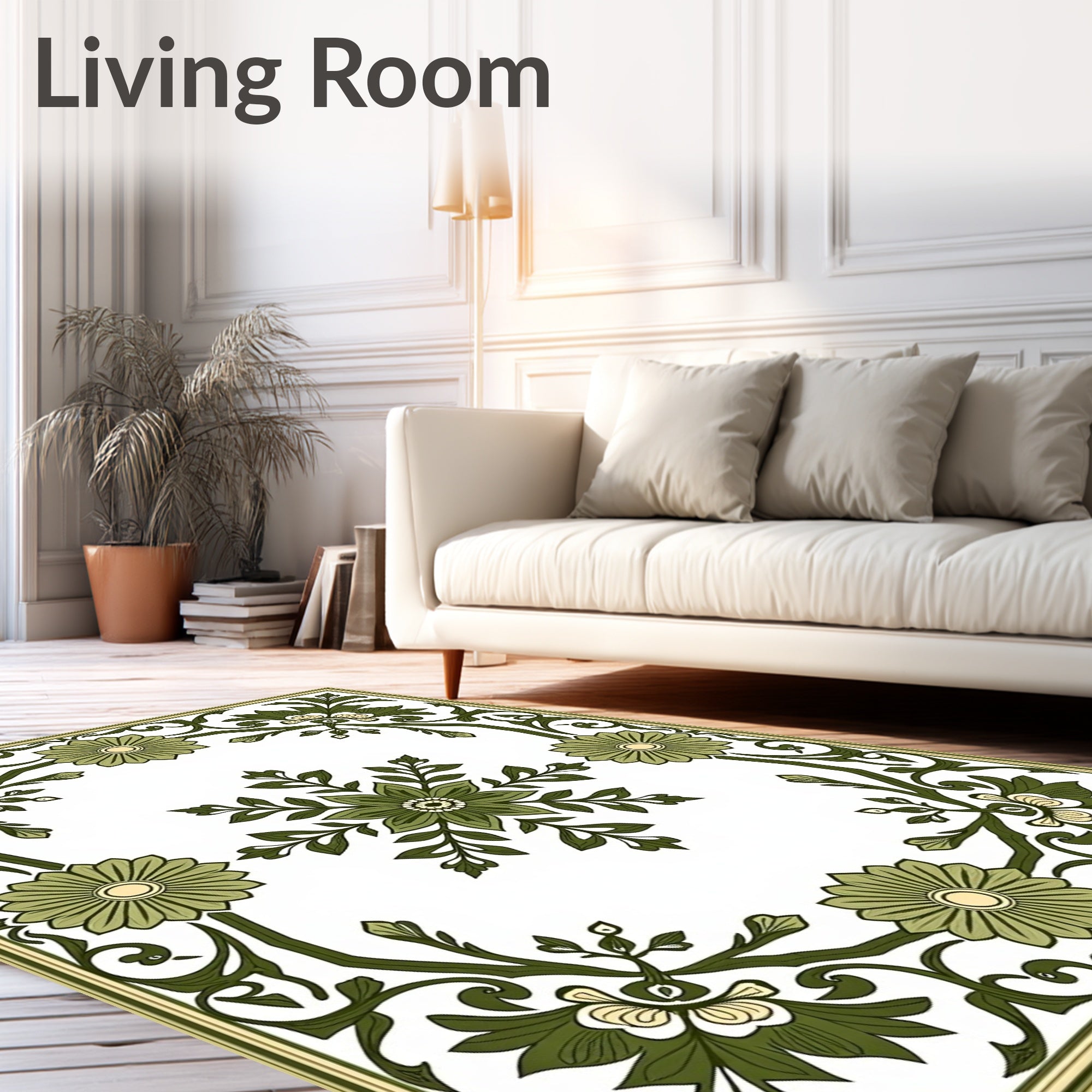 Green Floral Vine Border Rug