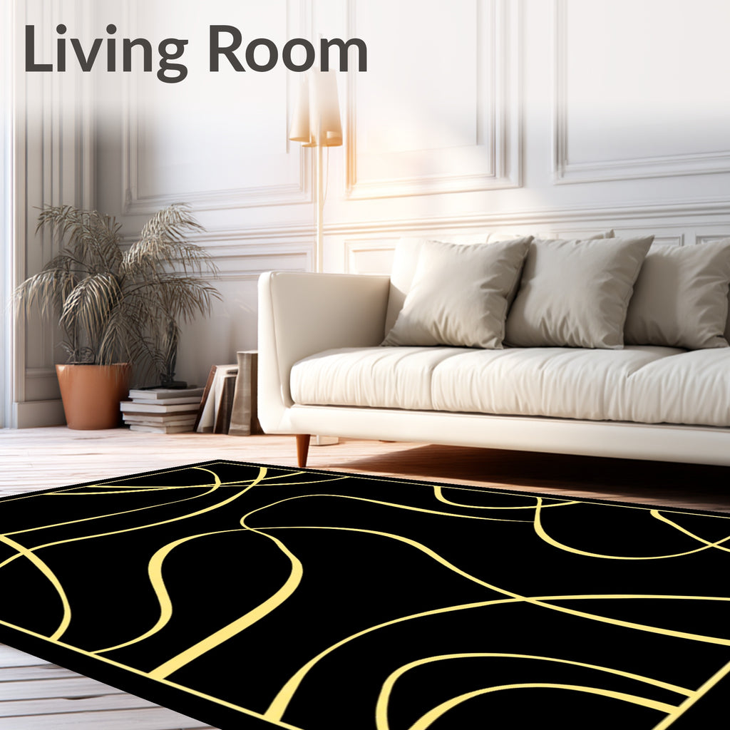 Golden Swirls on Black Canvas Rug