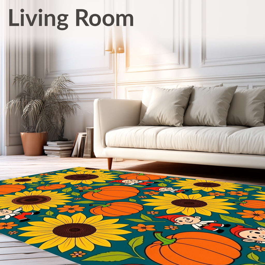 Whimsical Gnomes Sunflowers Pumpkins Teal Rug