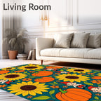 Whimsical Gnomes Sunflowers Pumpkins Teal Rug