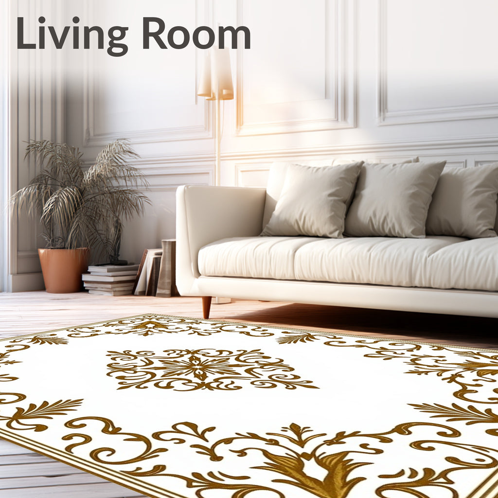 Ornate Gold Floral Scrollwork Square Rug