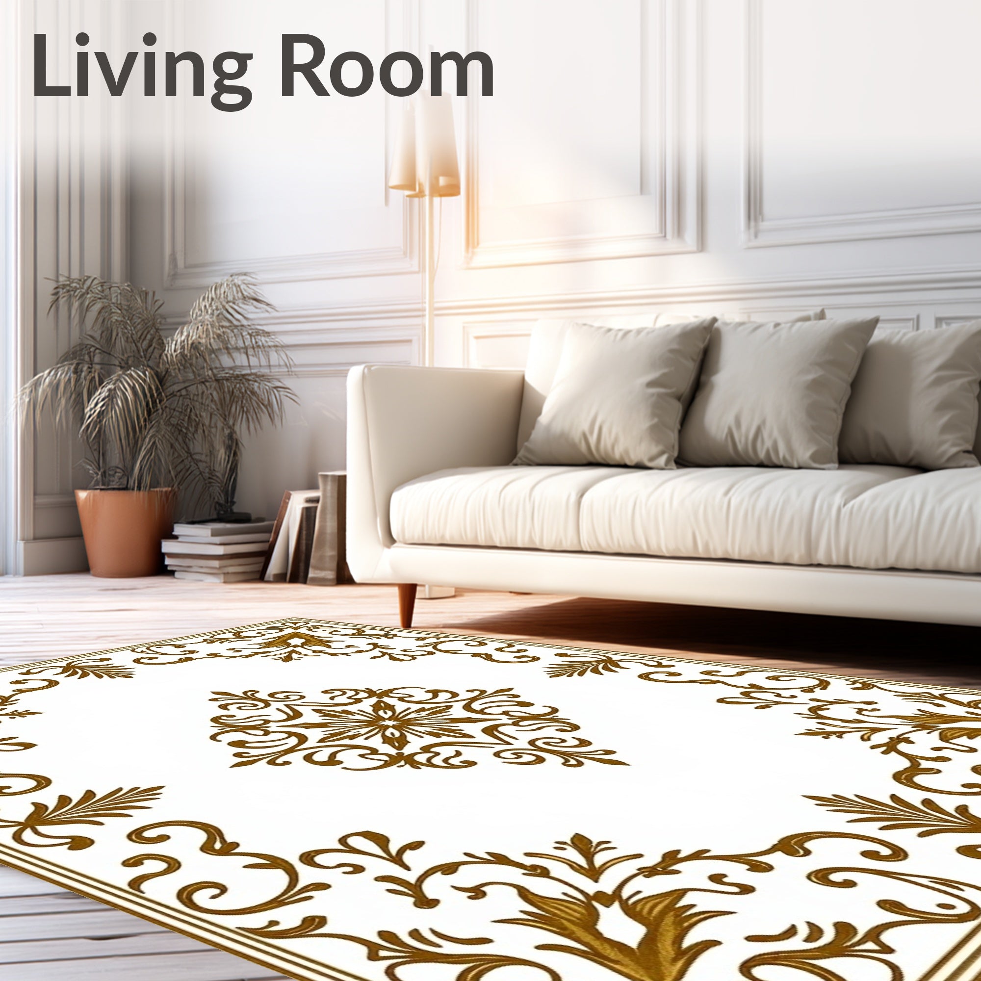 Ornate Gold Floral Scrollwork Square Rug
