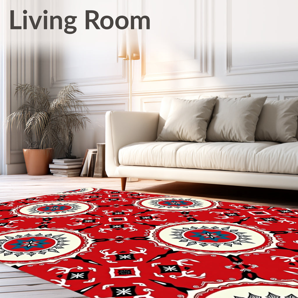 Red Teal Starburst Medallion Mandala Rug