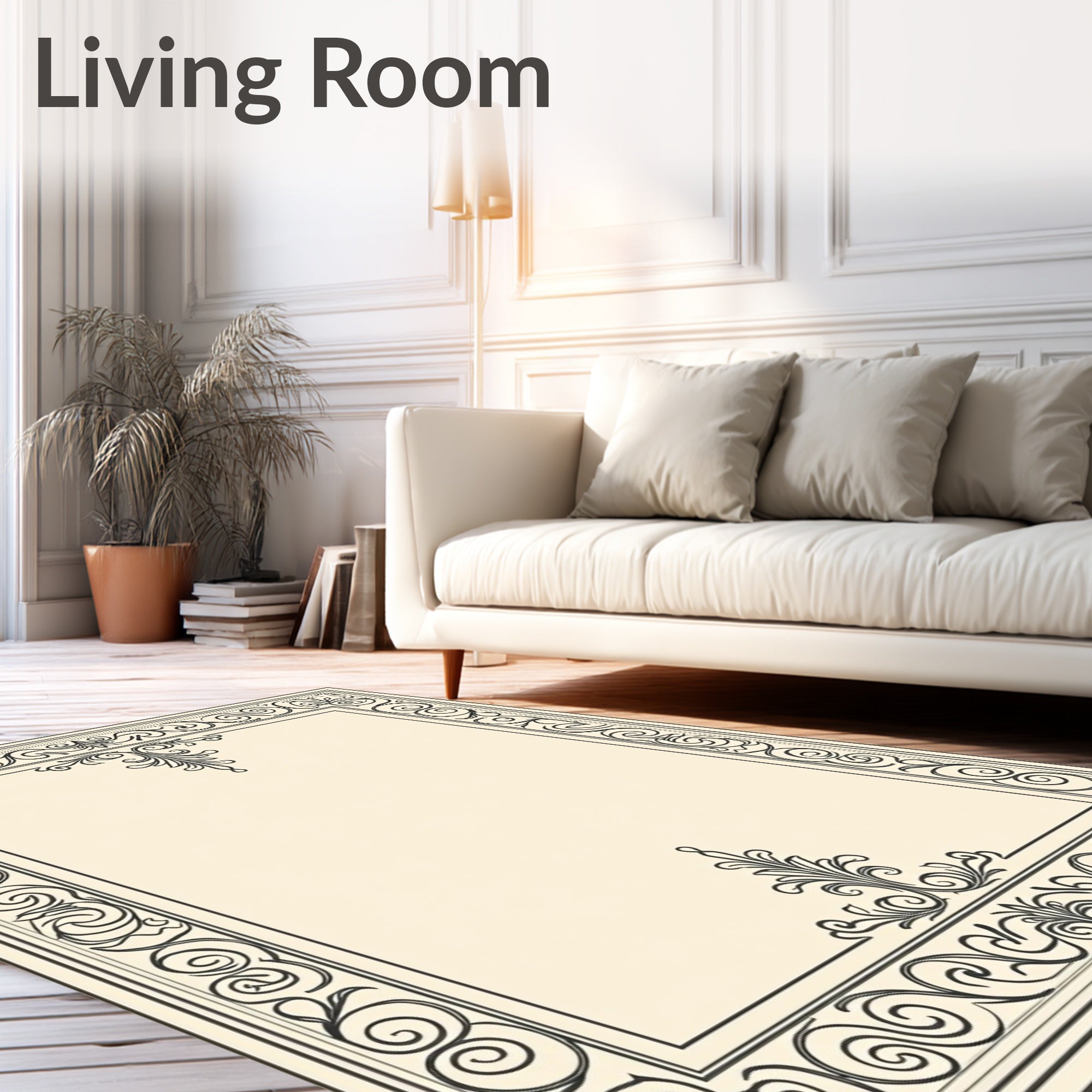 Elegant Black Scroll Border Cream Rug