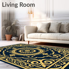 Ornate Golden Sunburst Navy Medallion Rug