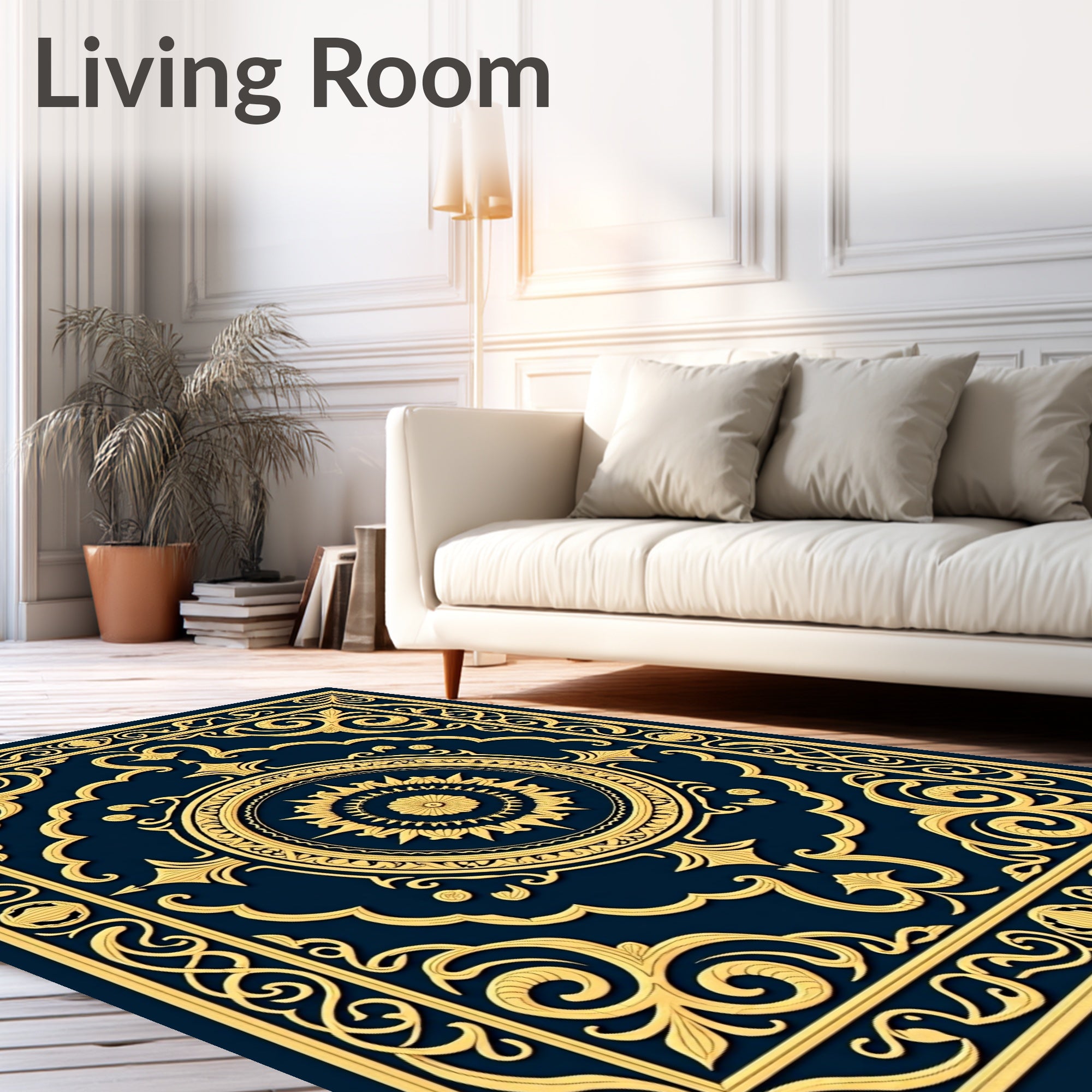 Ornate Golden Sunburst Navy Medallion Rug