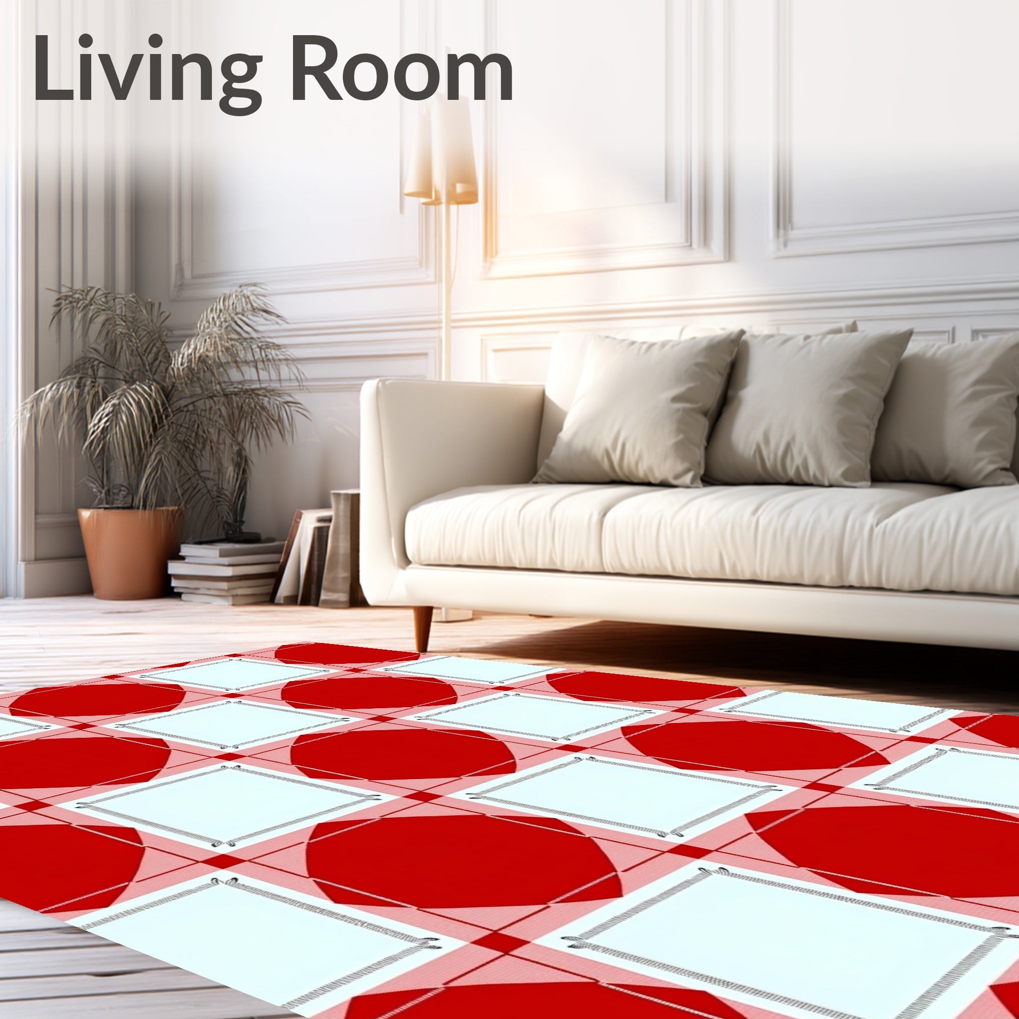 Red White Diamond Square Grid Rug