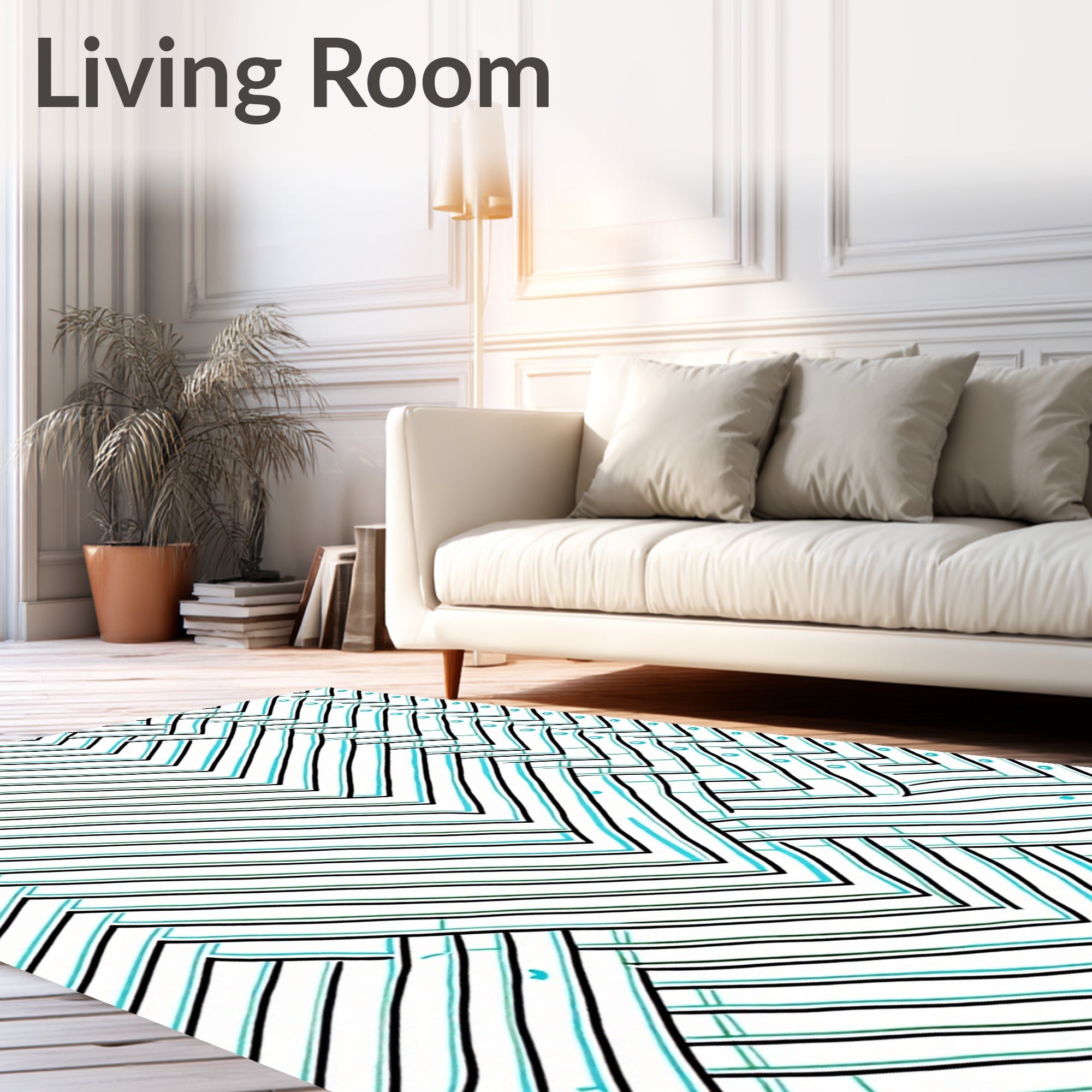 Interlocking Chevron Teal and Black Lines Rug