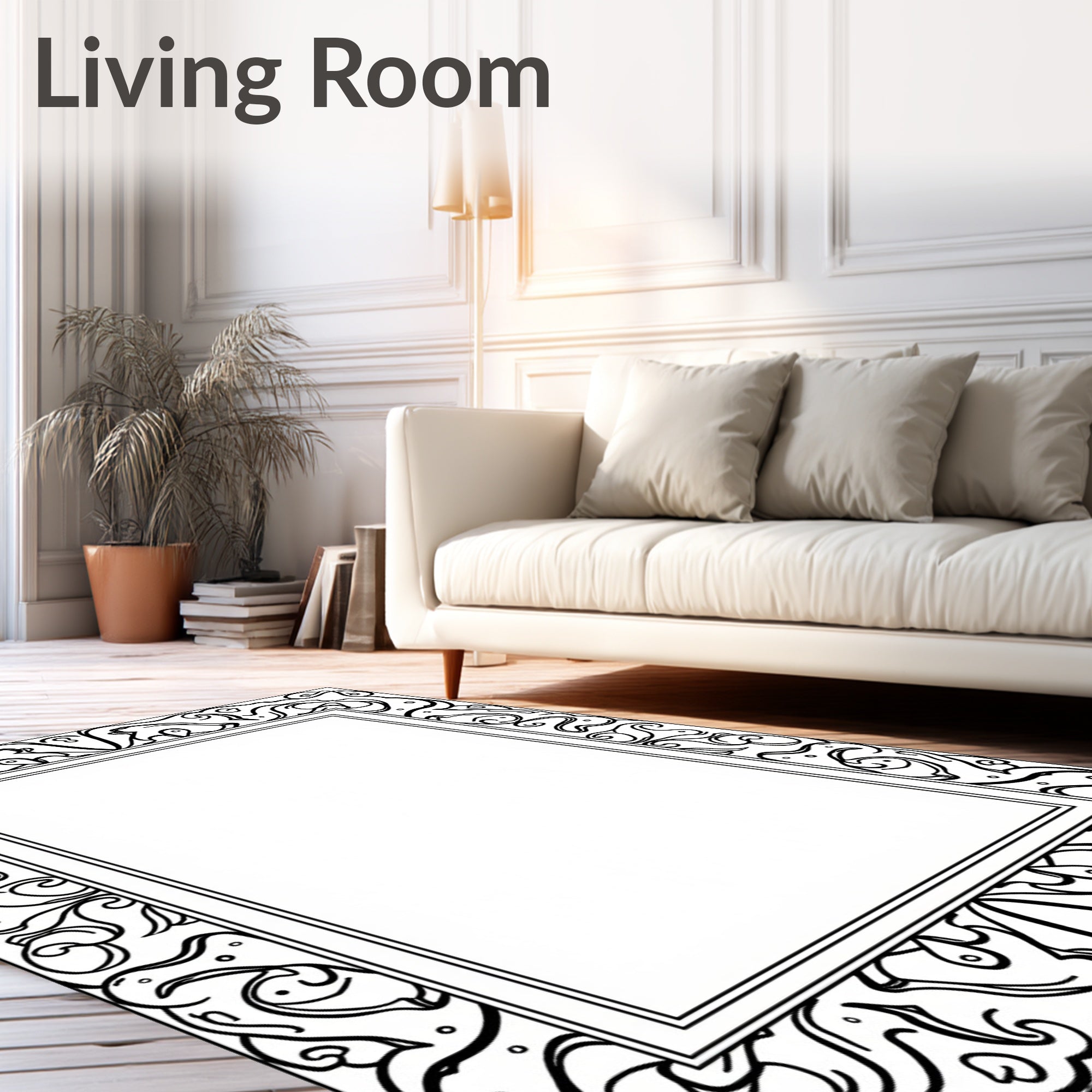 Black White Art Nouveau Scroll Border Rug