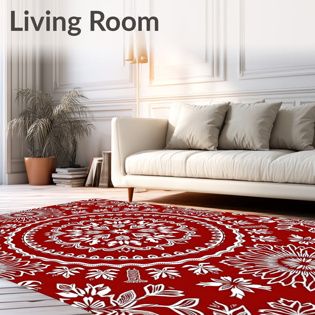 Crimson Mandala Floral Symmetry Rug