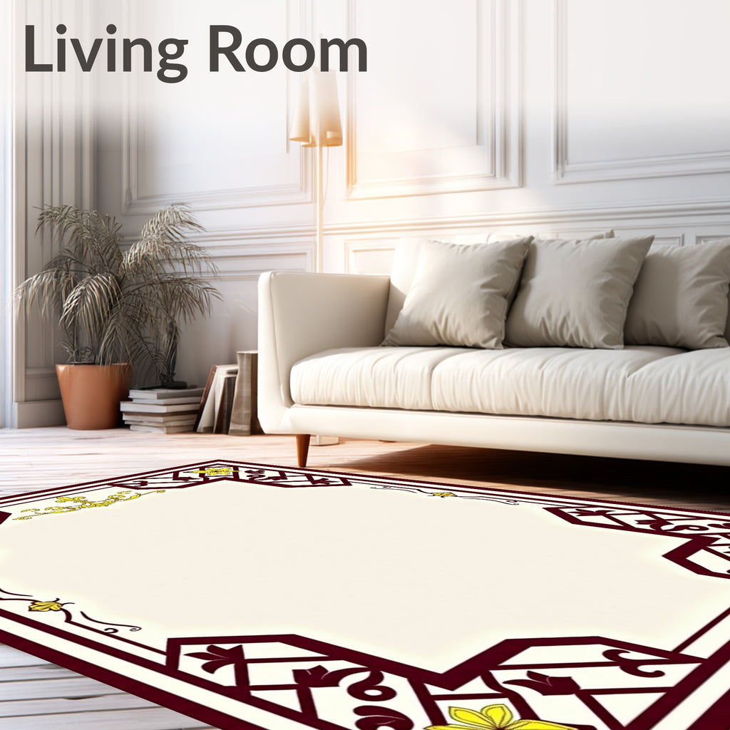 Ornate Yellow Flower Maroon Border Rug