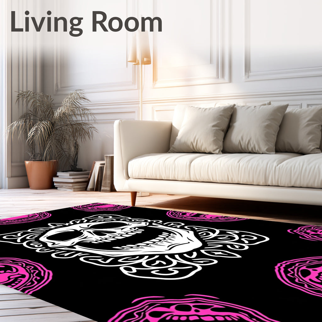 Ghoulish White Skull Pink Ring Background Rug