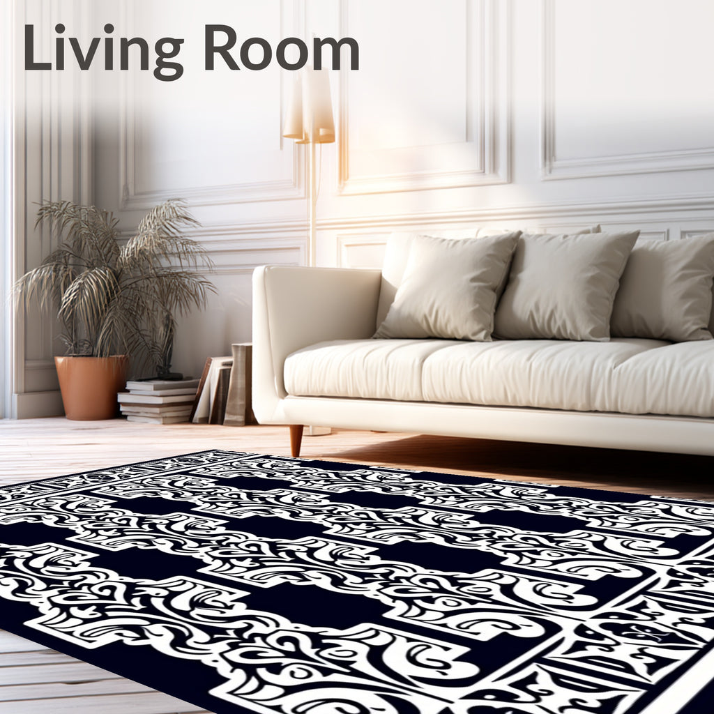 Dark Navy White Classic Scrollwork Panel Rug