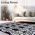 Dark Navy White Classic Scrollwork Panel Rug