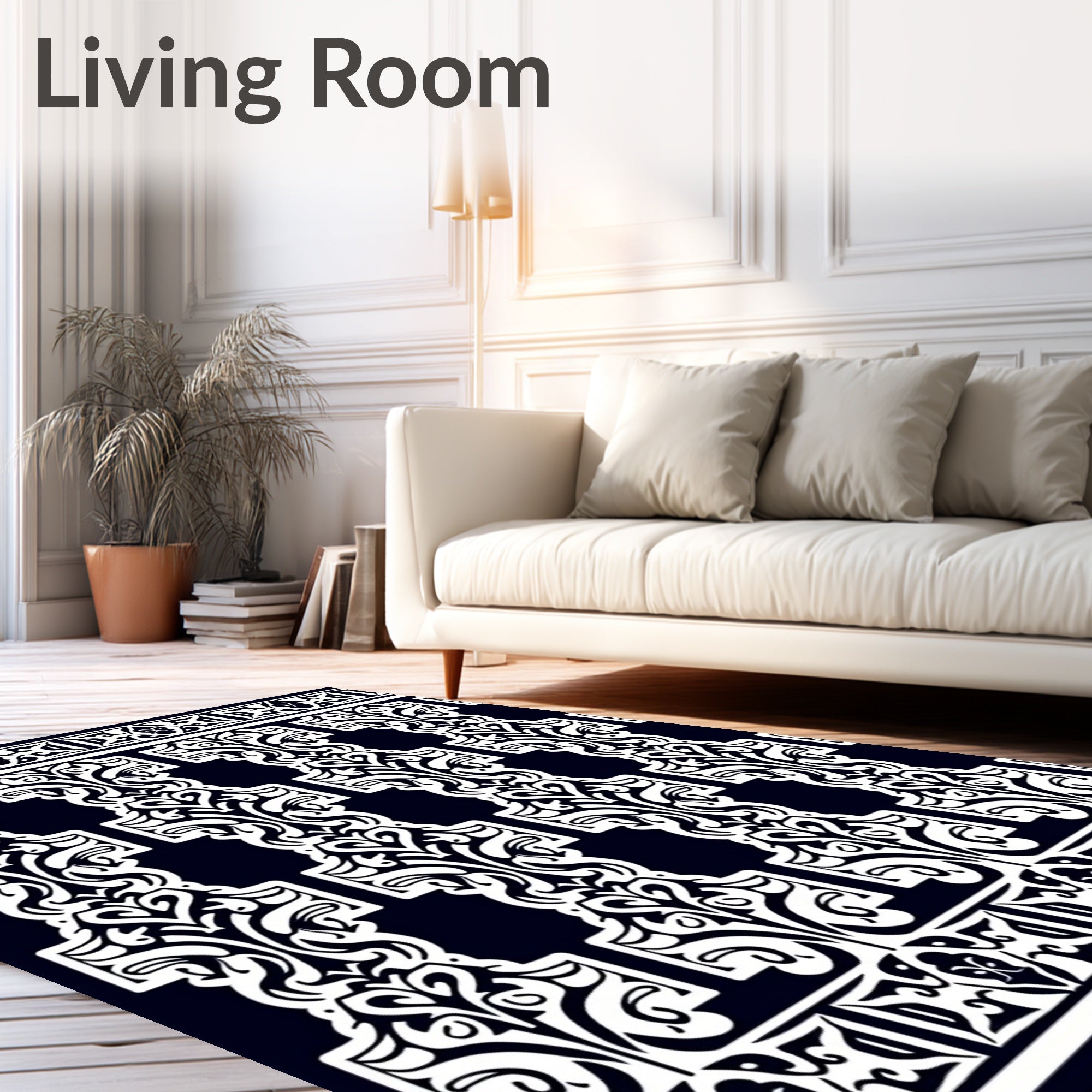 Dark Navy White Classic Scrollwork Panel Rug