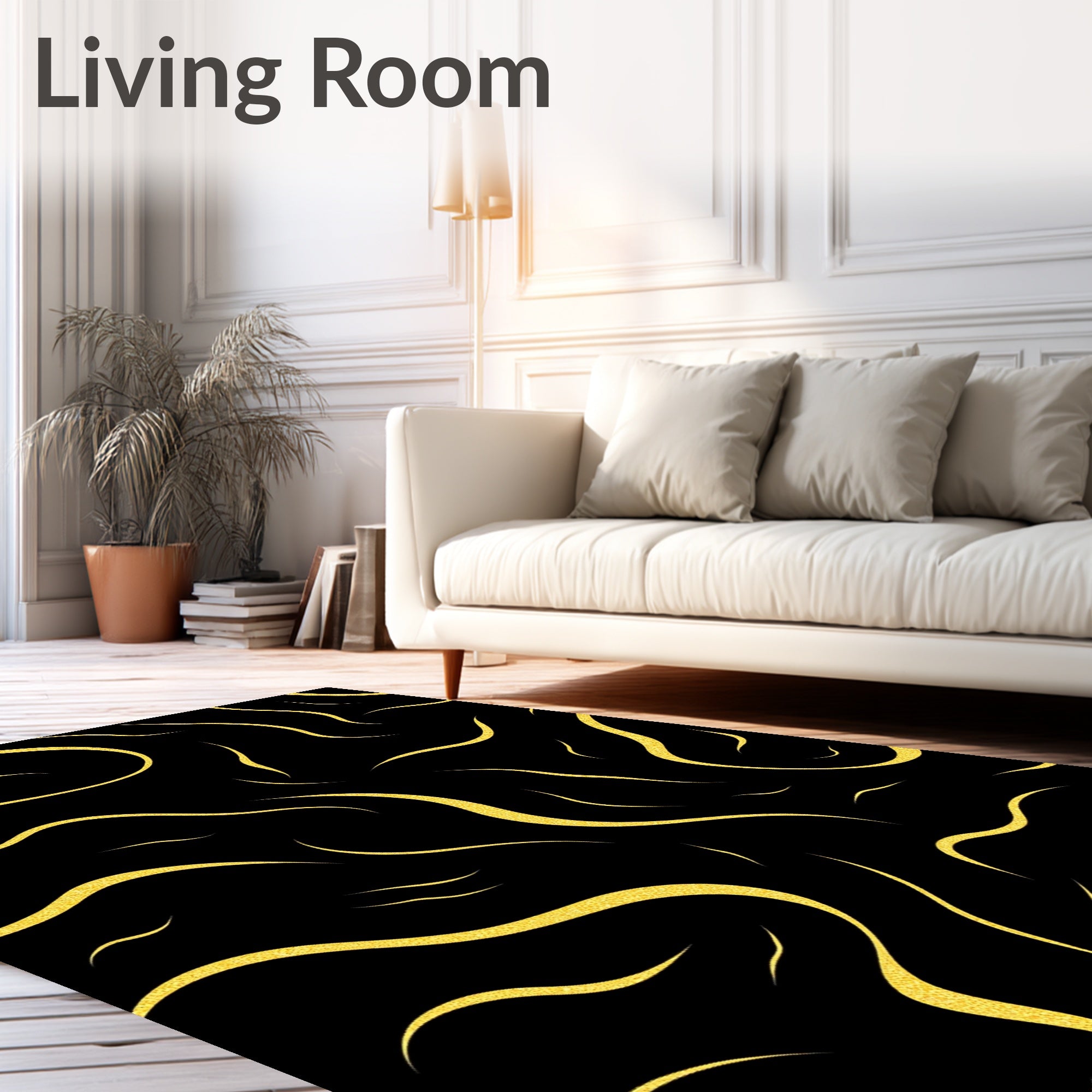Bold Gold Swirls Black Abstract Rug