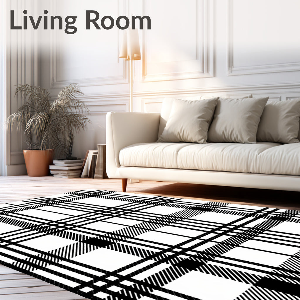 Classic Black White Plaid Lines Rug
