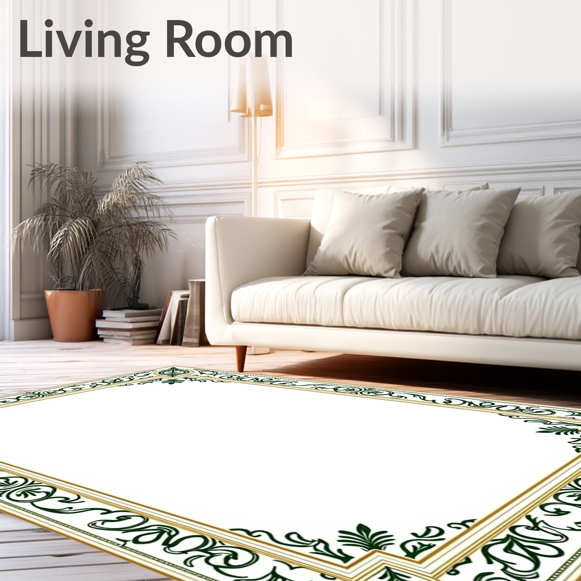 Ornate Green Leaf Scroll Border Rug