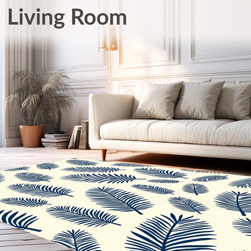 Navy Blue Botanical Frond Print Rug