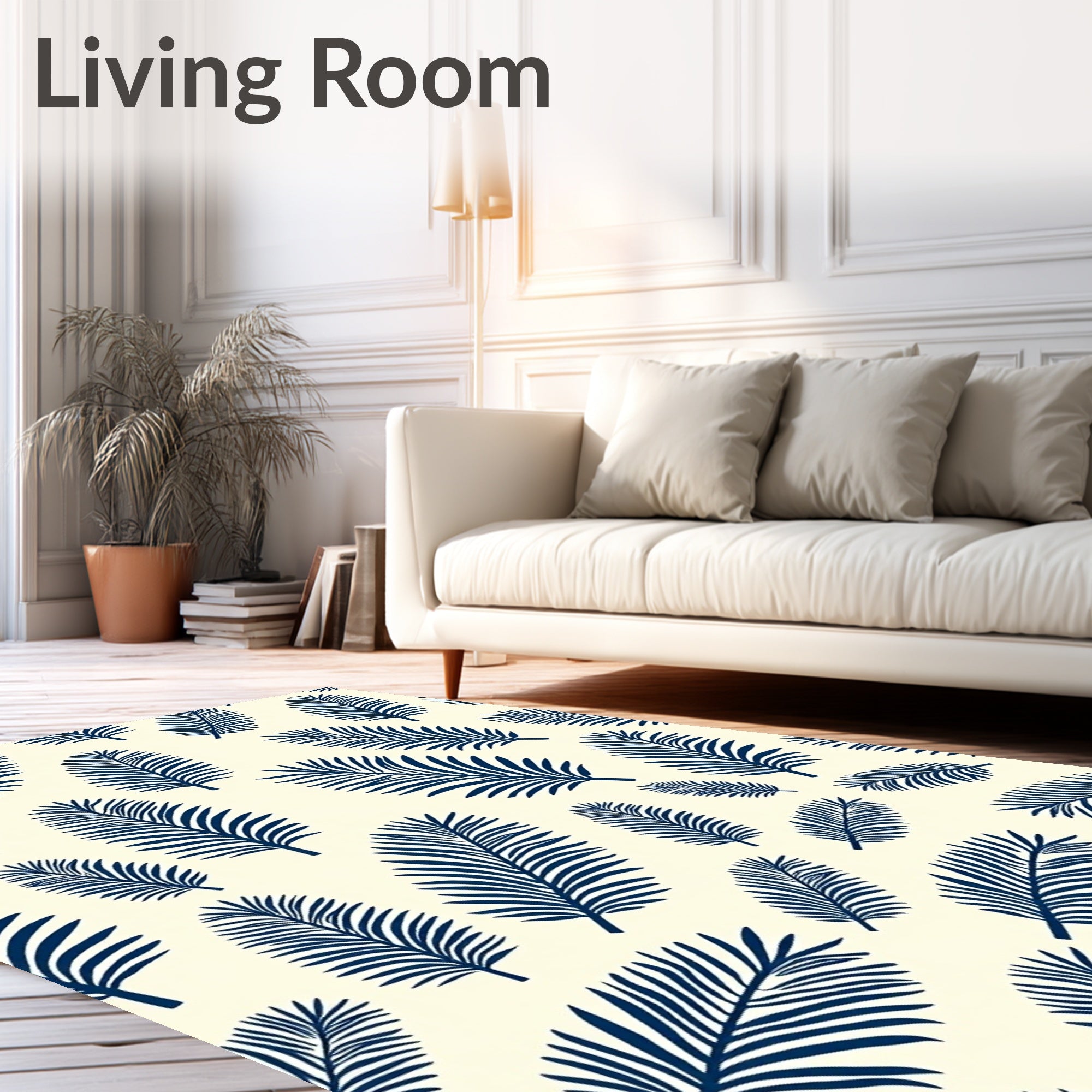 Navy Blue Botanical Frond Print Rug