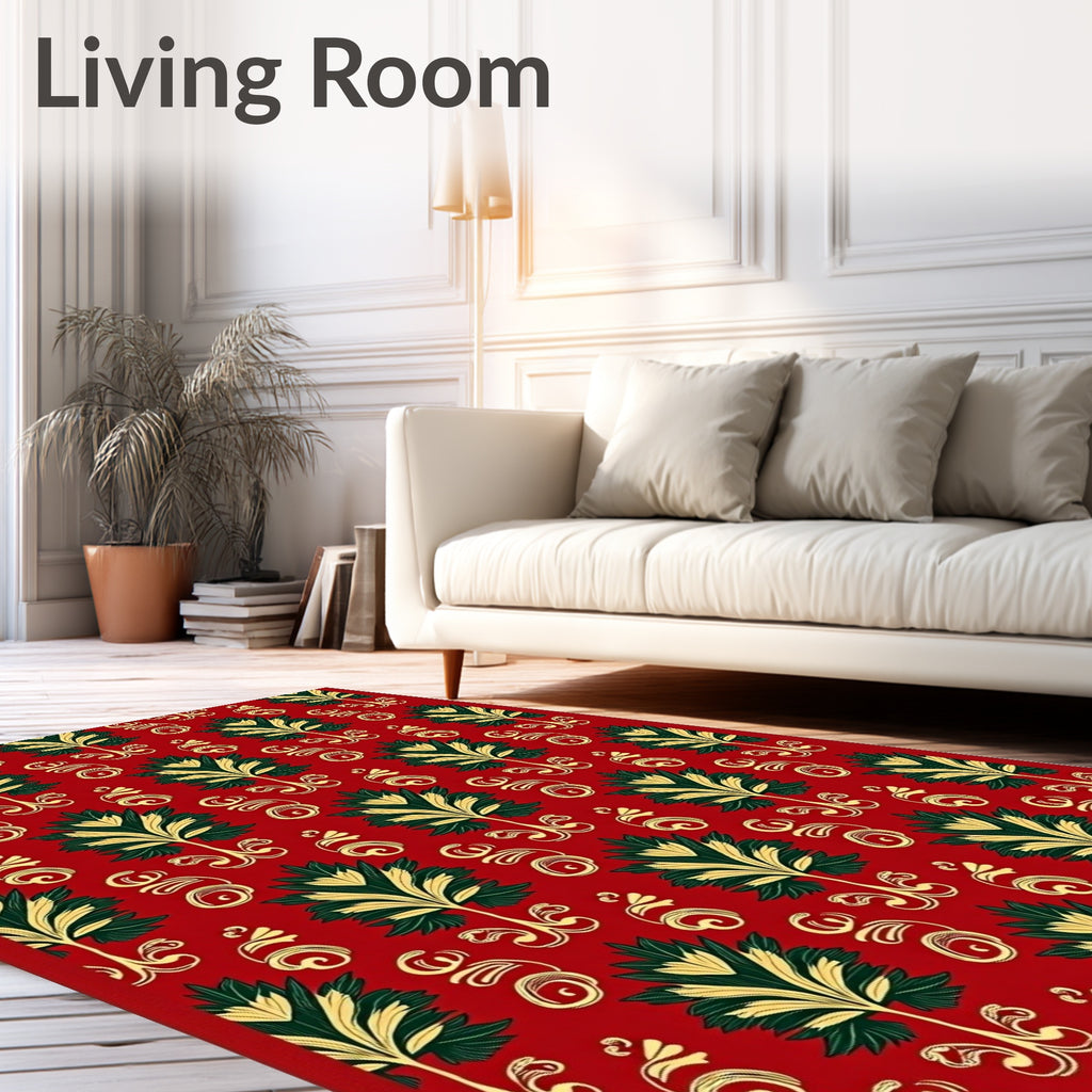 Red Green Gold Stylized Floral Scroll Rug