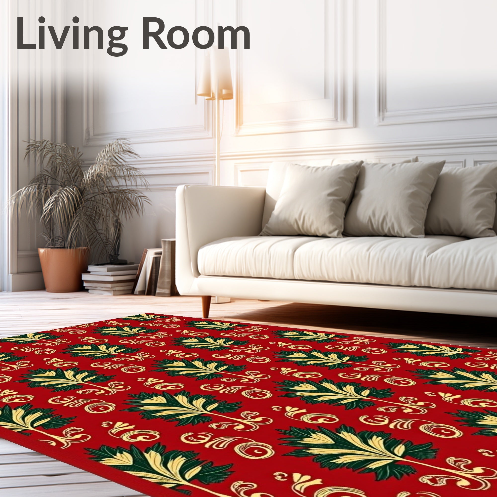 Red Green Gold Stylized Floral Scroll Rug