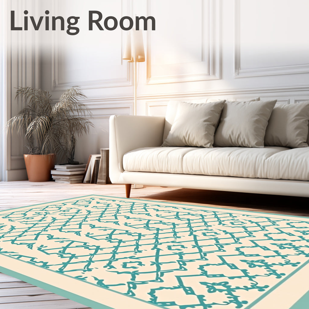 Cream Teal Ornate Lattice Rug