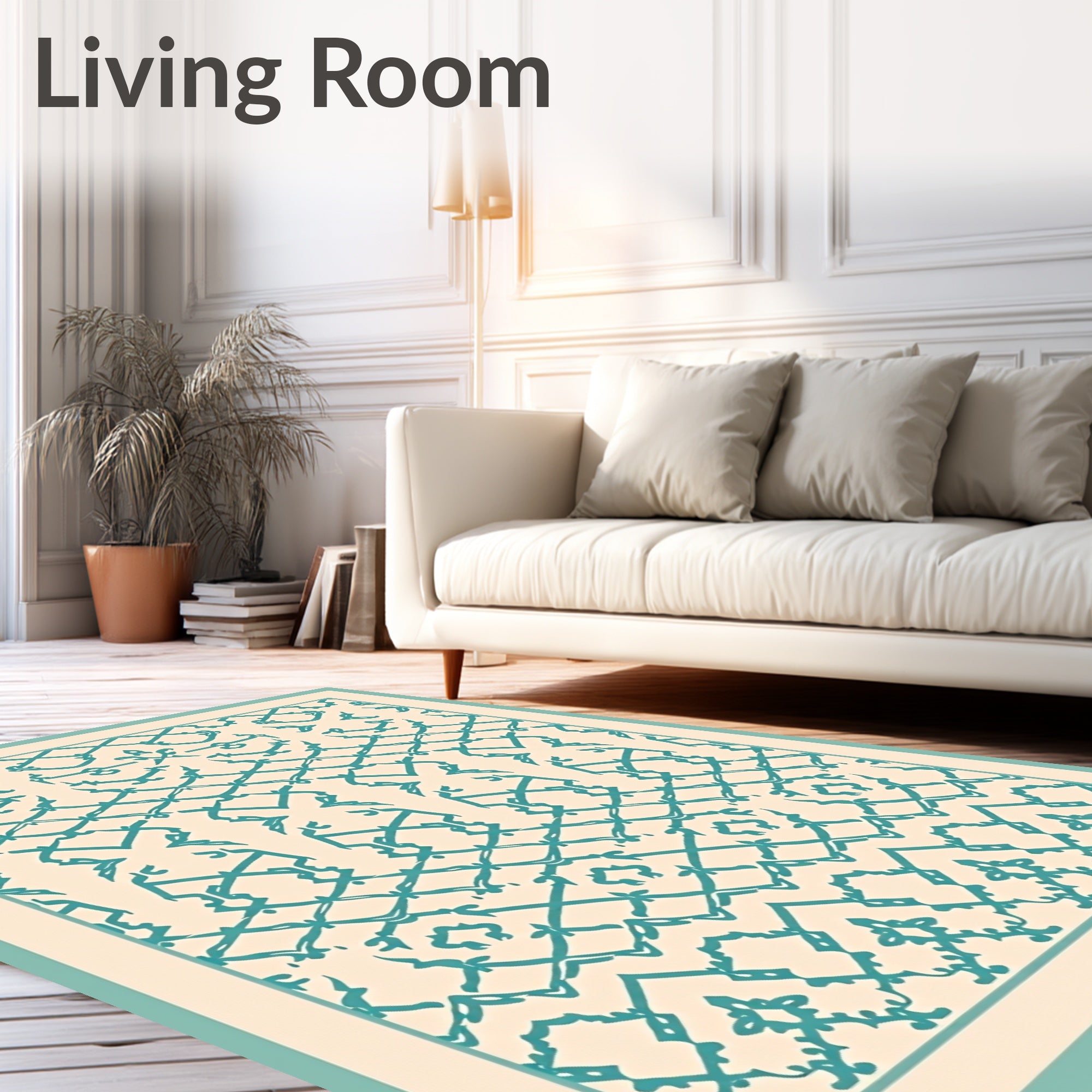 Cream Teal Ornate Lattice Rug