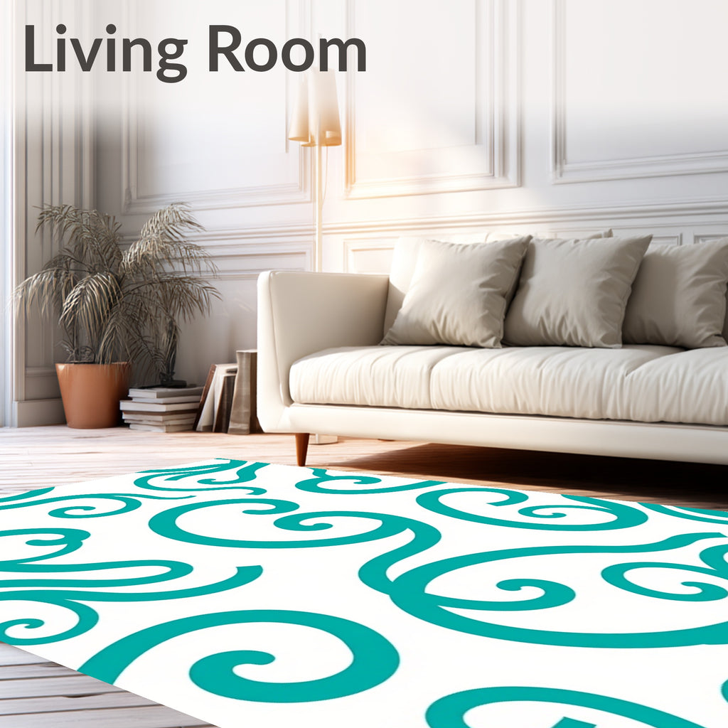 Teal Swirls on White Background Rug