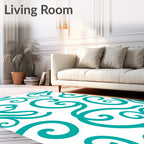 Teal Swirls on White Background Rug