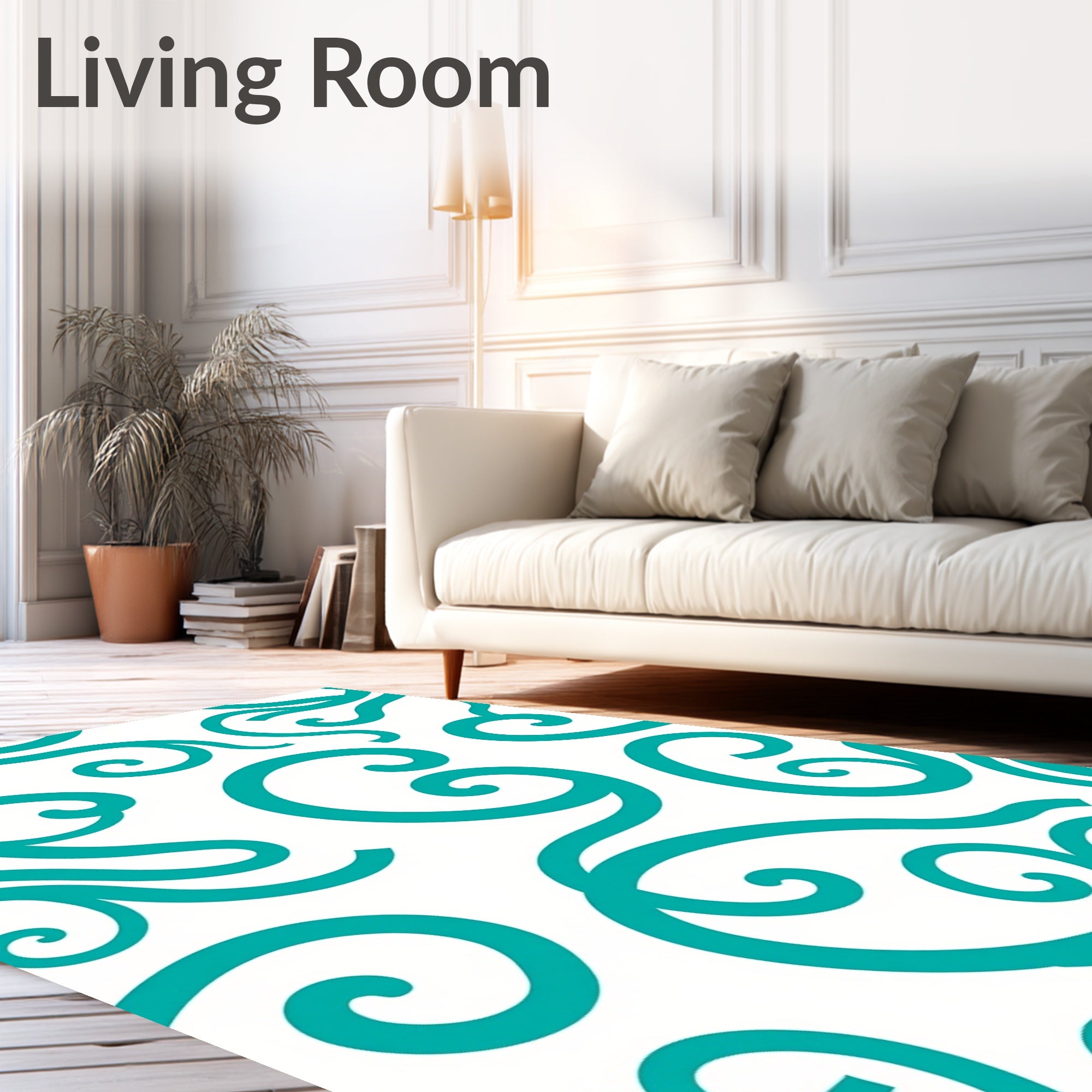 Teal Swirls on White Background Rug