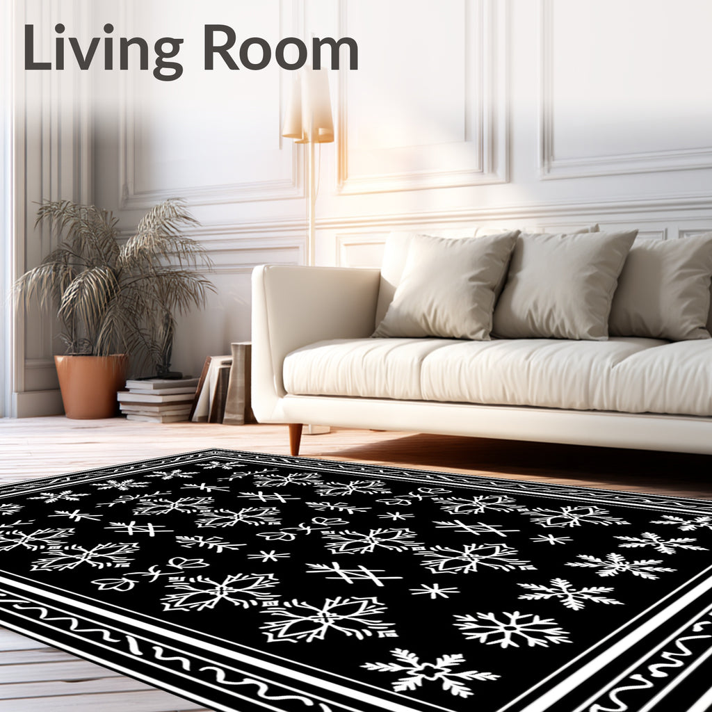 White Snowflake Folk Art Border Rug