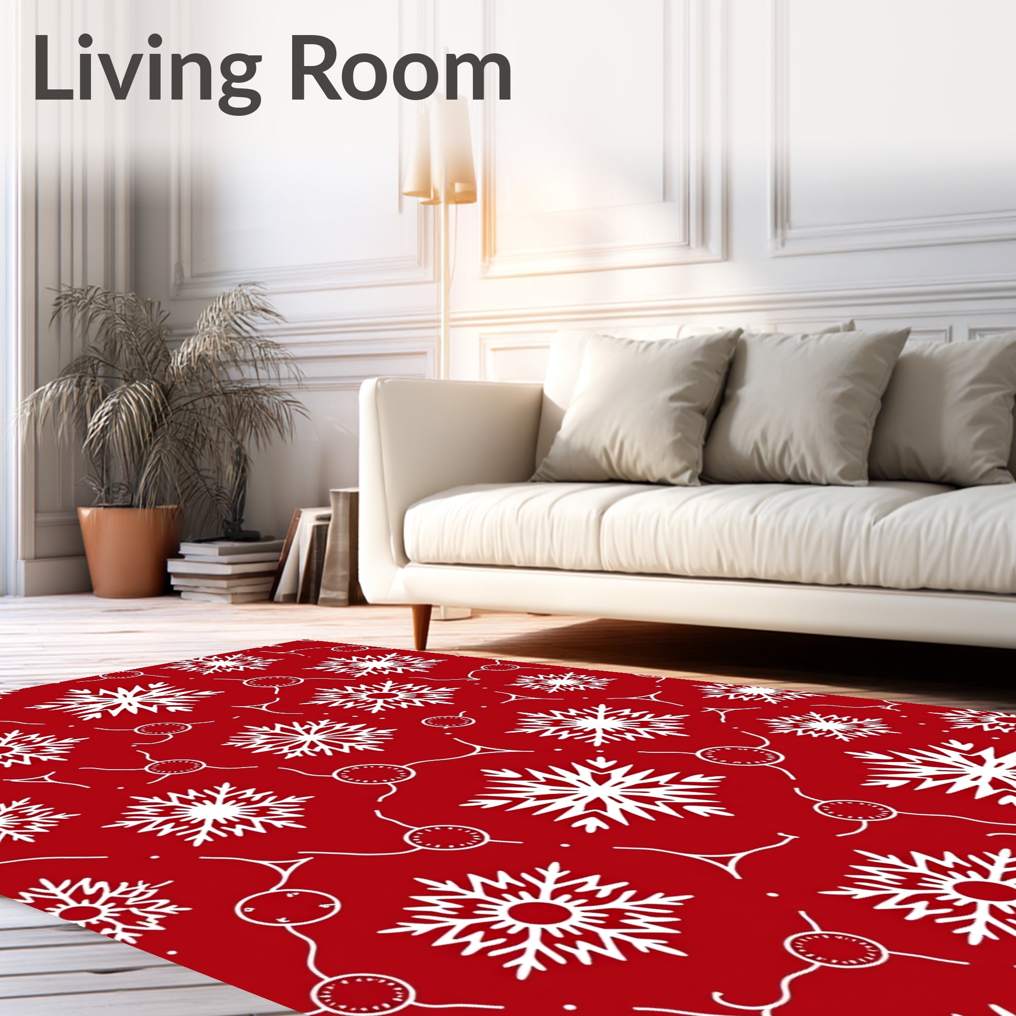 Crimson White Snowflakes Scattered Repeating Rug