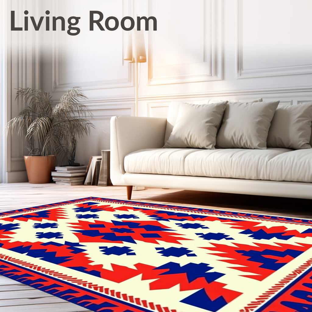 Crimson Blue Geometric Sunburst Rug