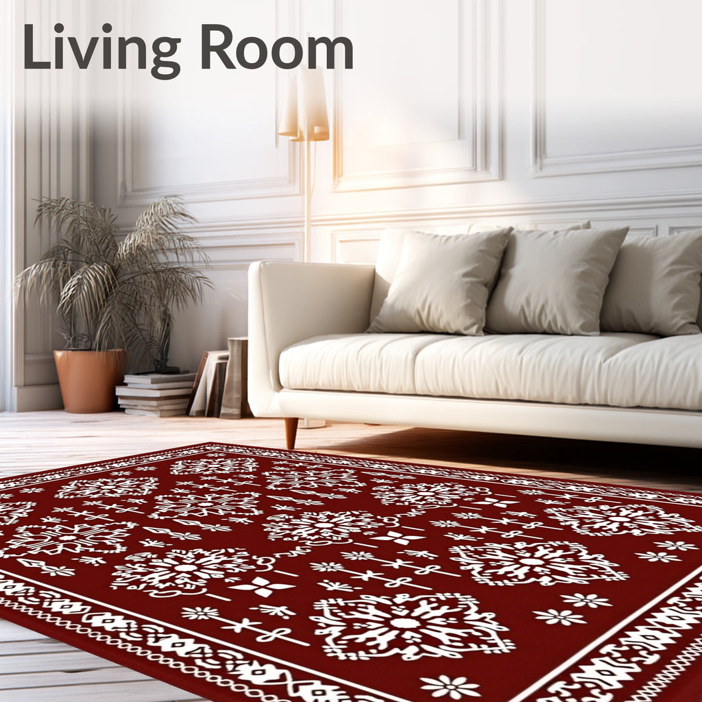 Crimson White Folk Art Botanical Rug