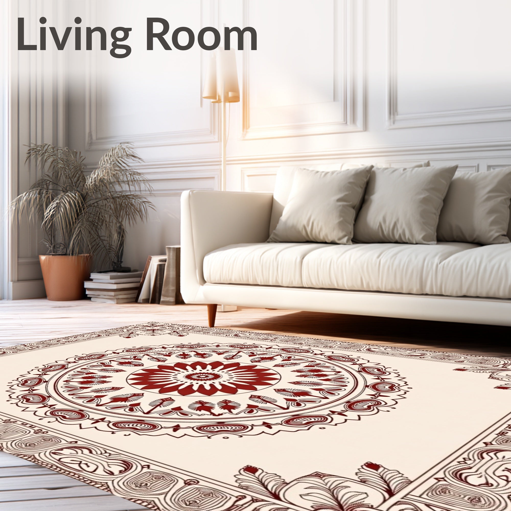 Crimson Sunburst Central Ornament Border Rug