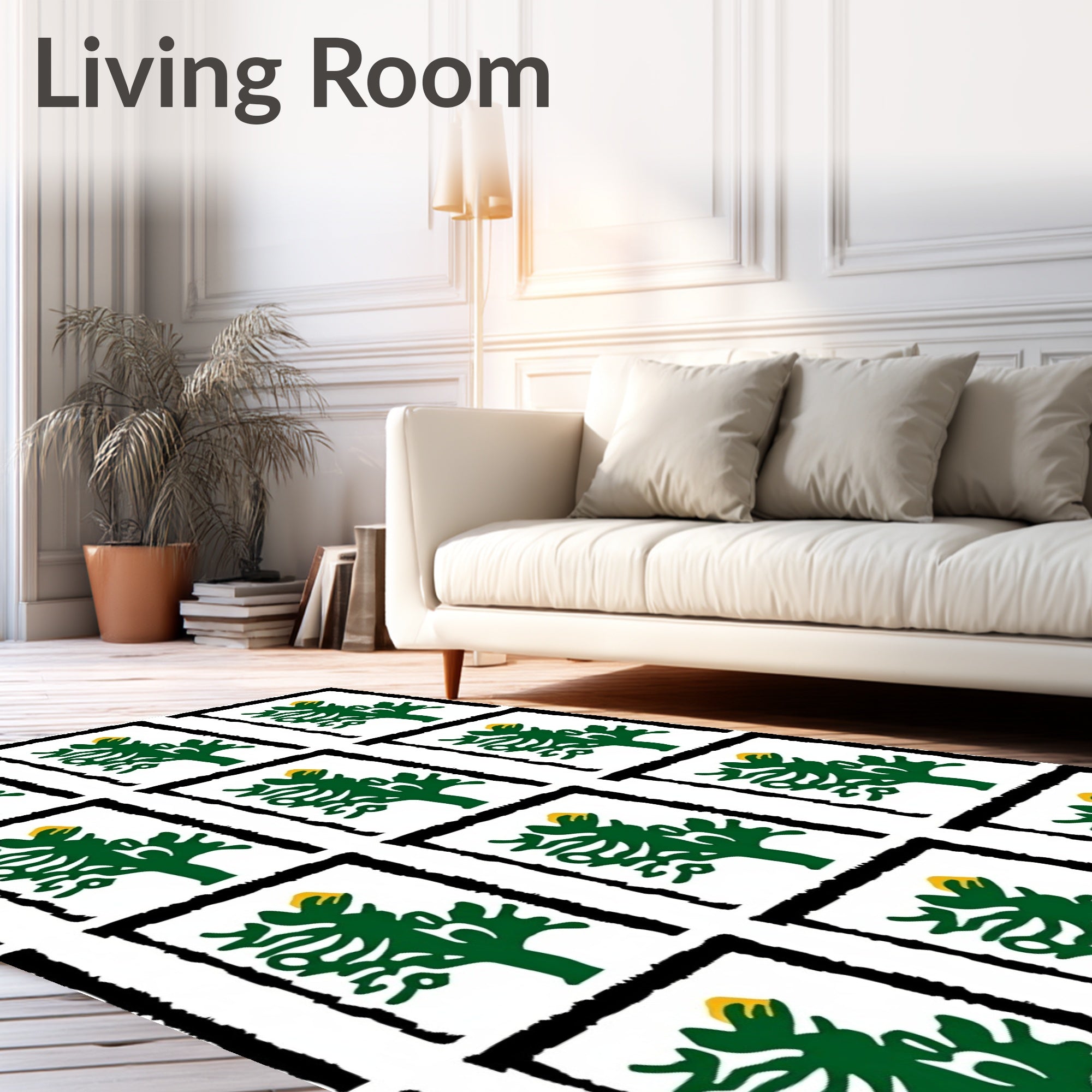 Green Tree Yellow Sun Black Frame Rug