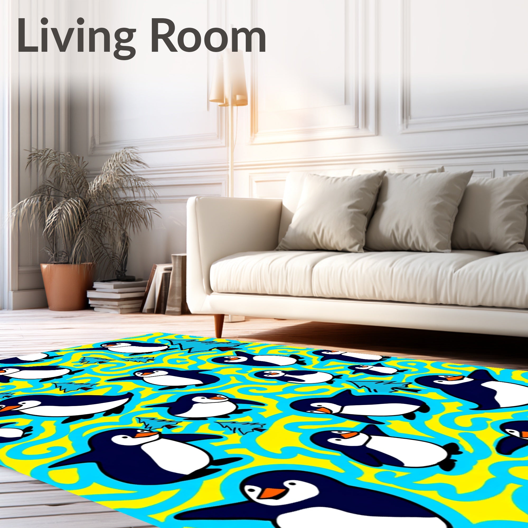 Whimsical Yellow Penguin Swirl Rug