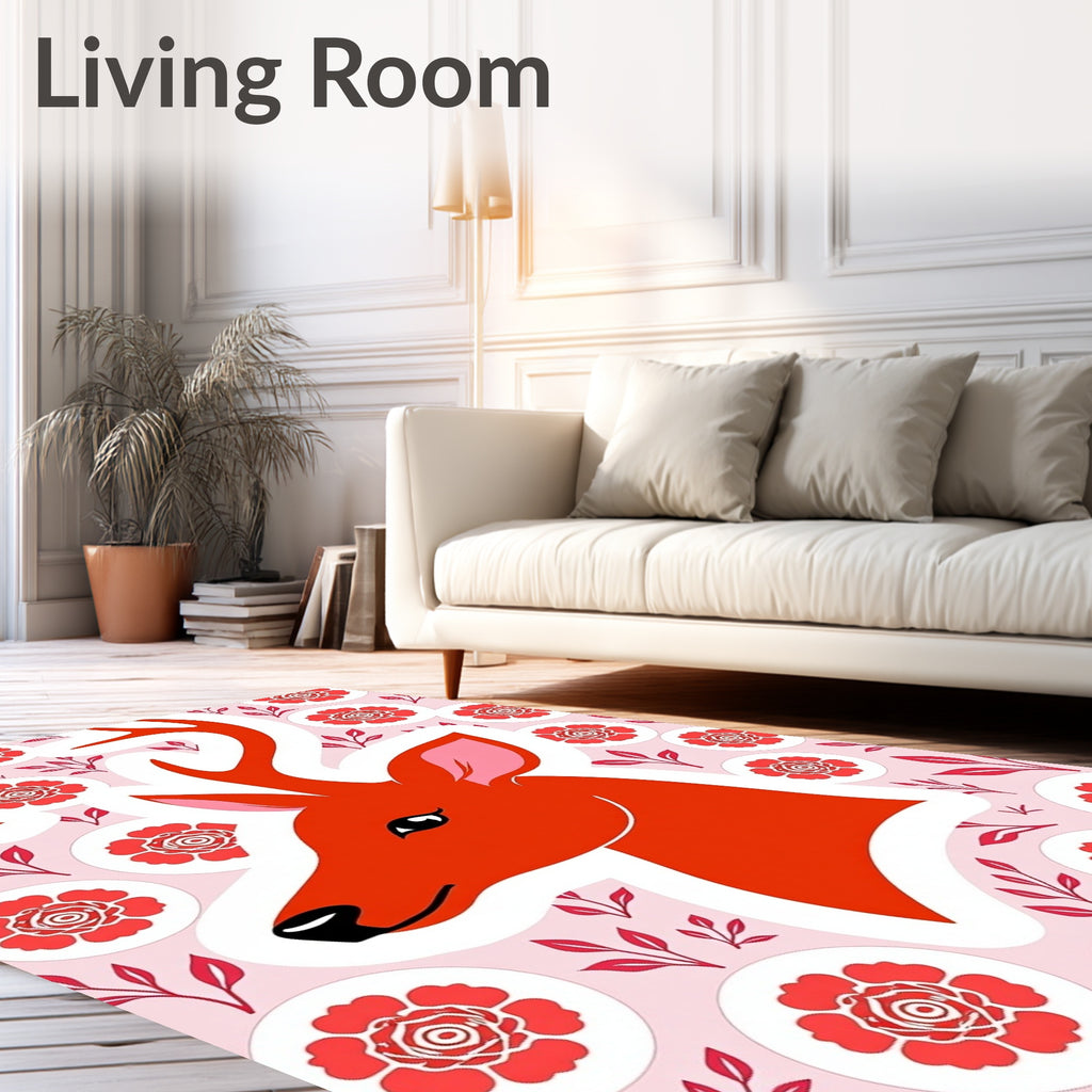 Orange Deer Red Floral Circles Background Rug