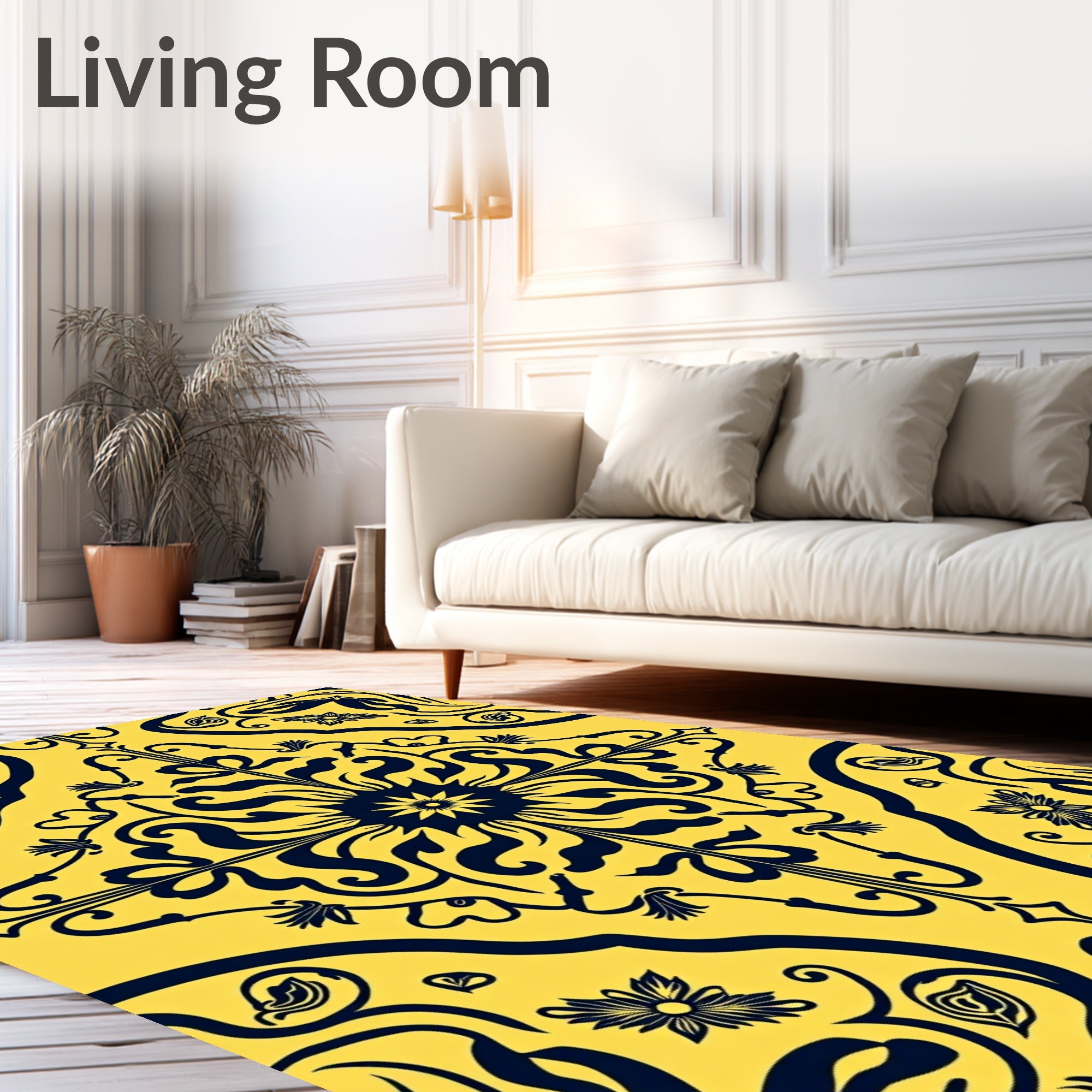 Dark Navy Floral Sunburst Yellow Mandala Rug