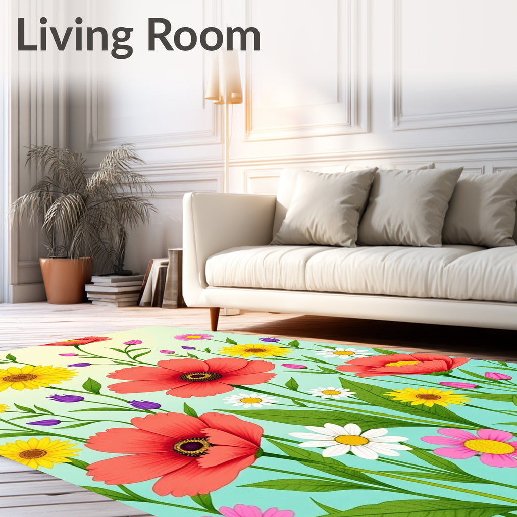 Vibrant Coral Daisy Meadow Garden Rug